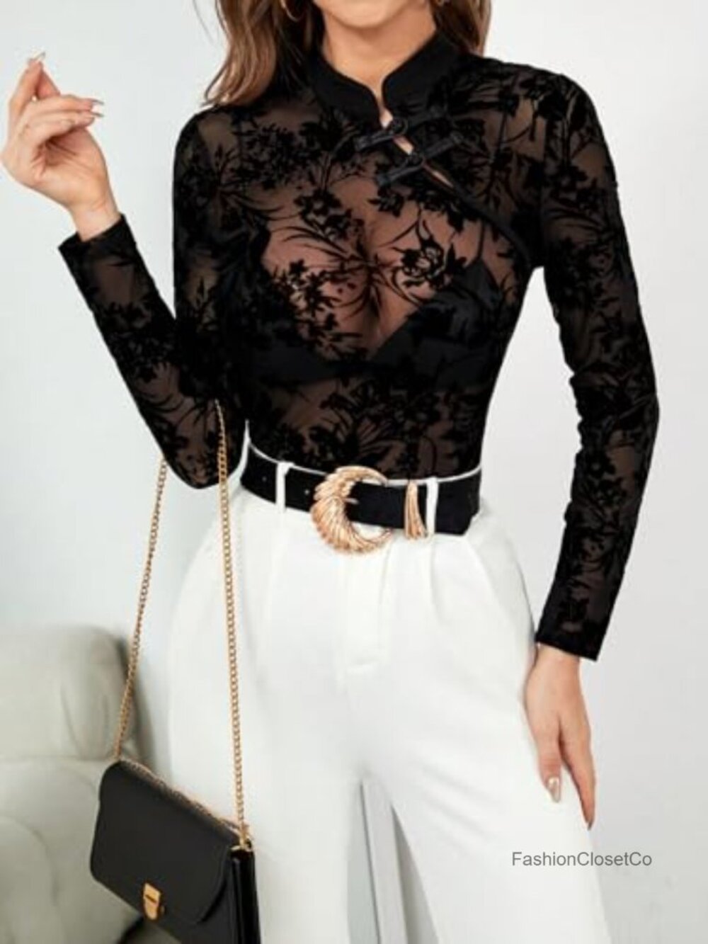 Sheer Mesh Mock Neck Long Sleeve Blouse Party Top - Picture 3 of 6